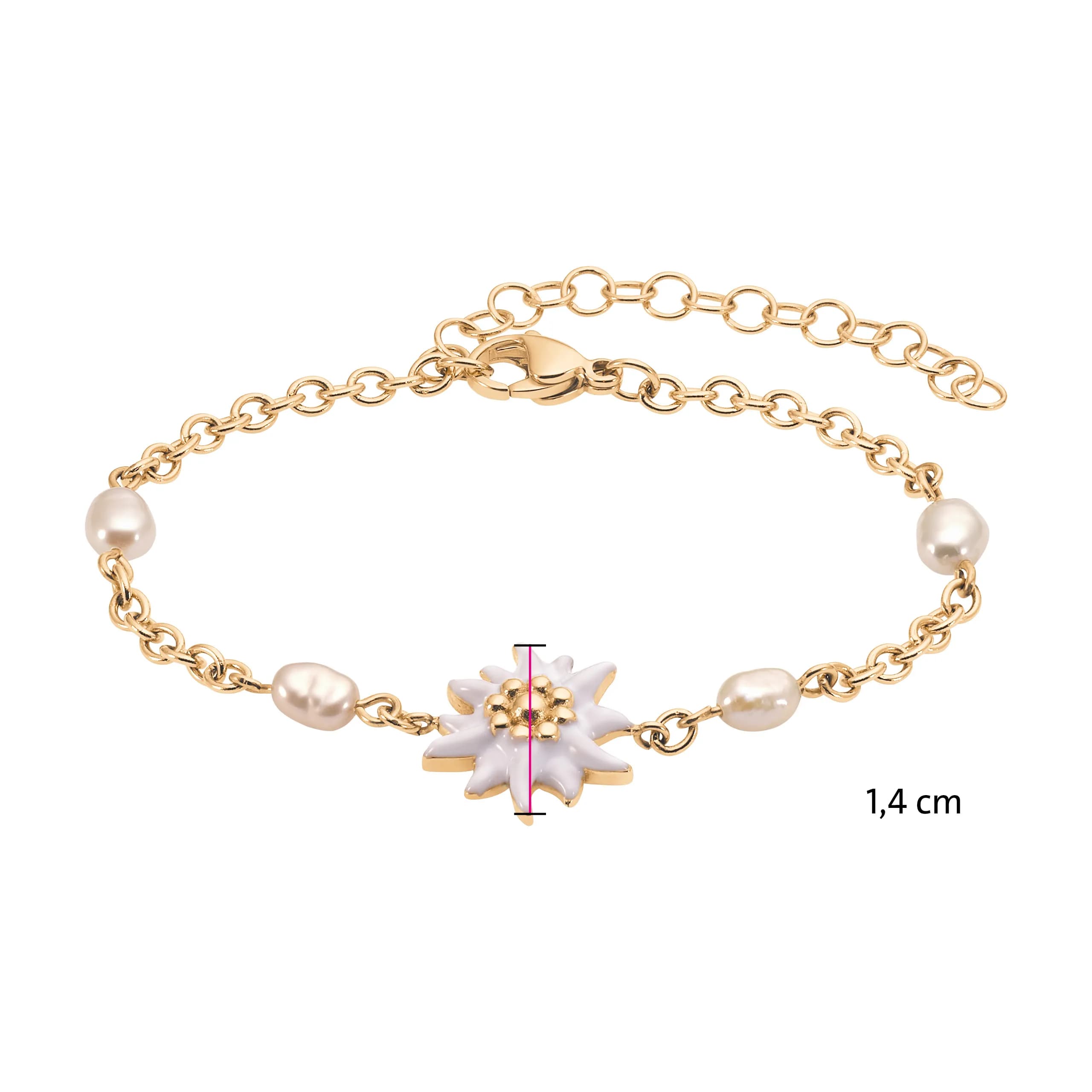 Goldfarbenes Armband mit Süßwasserperlen und Edelweißmotiv