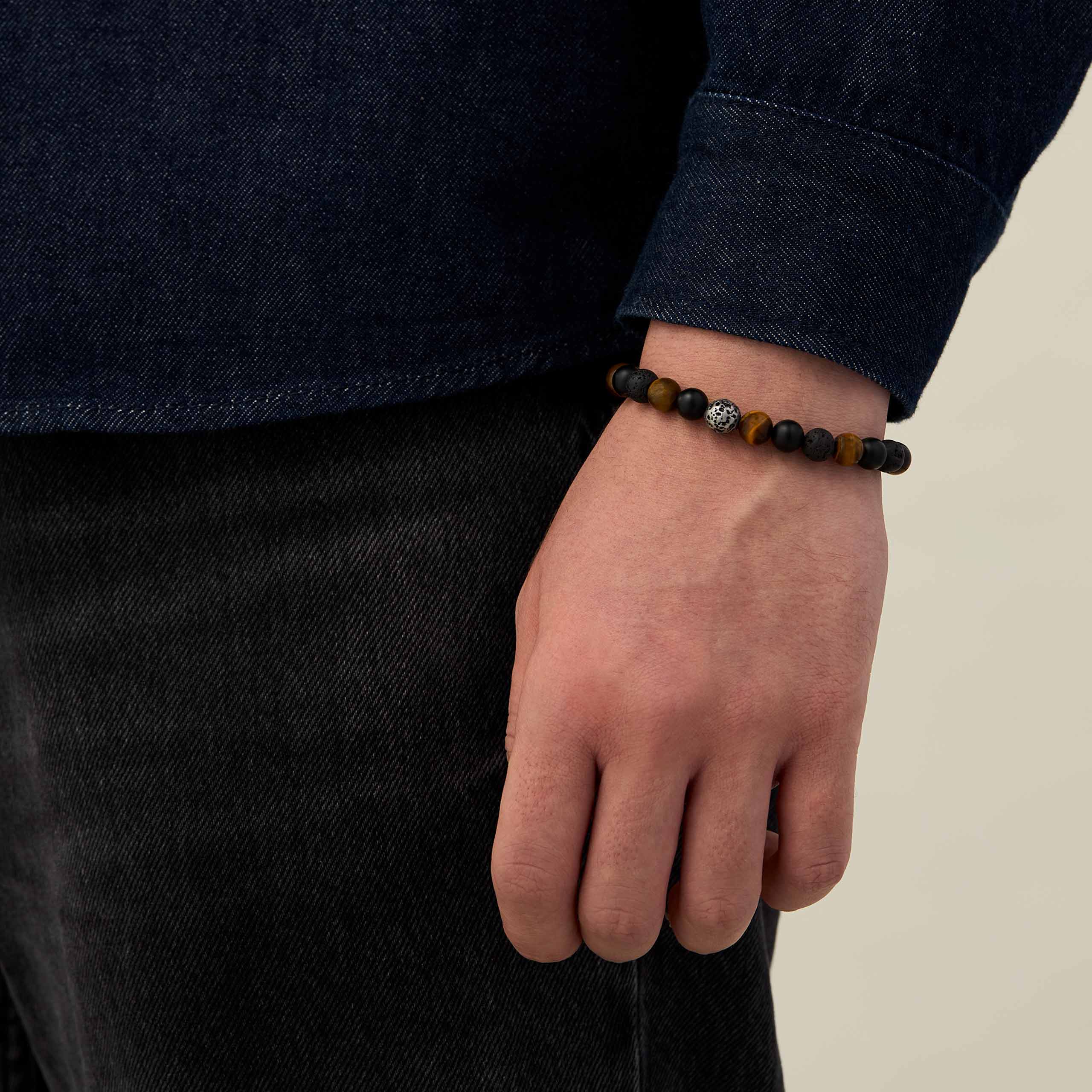 Edelsteinarmband mit Lava, Onyx & Tigerauge – markanter Naturstein Schmuck für Damen & Herren