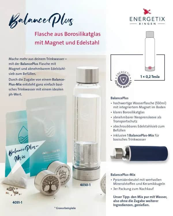 Glasflasche mit Magnetwirkung & Edelstahlsieb - Balance Plus