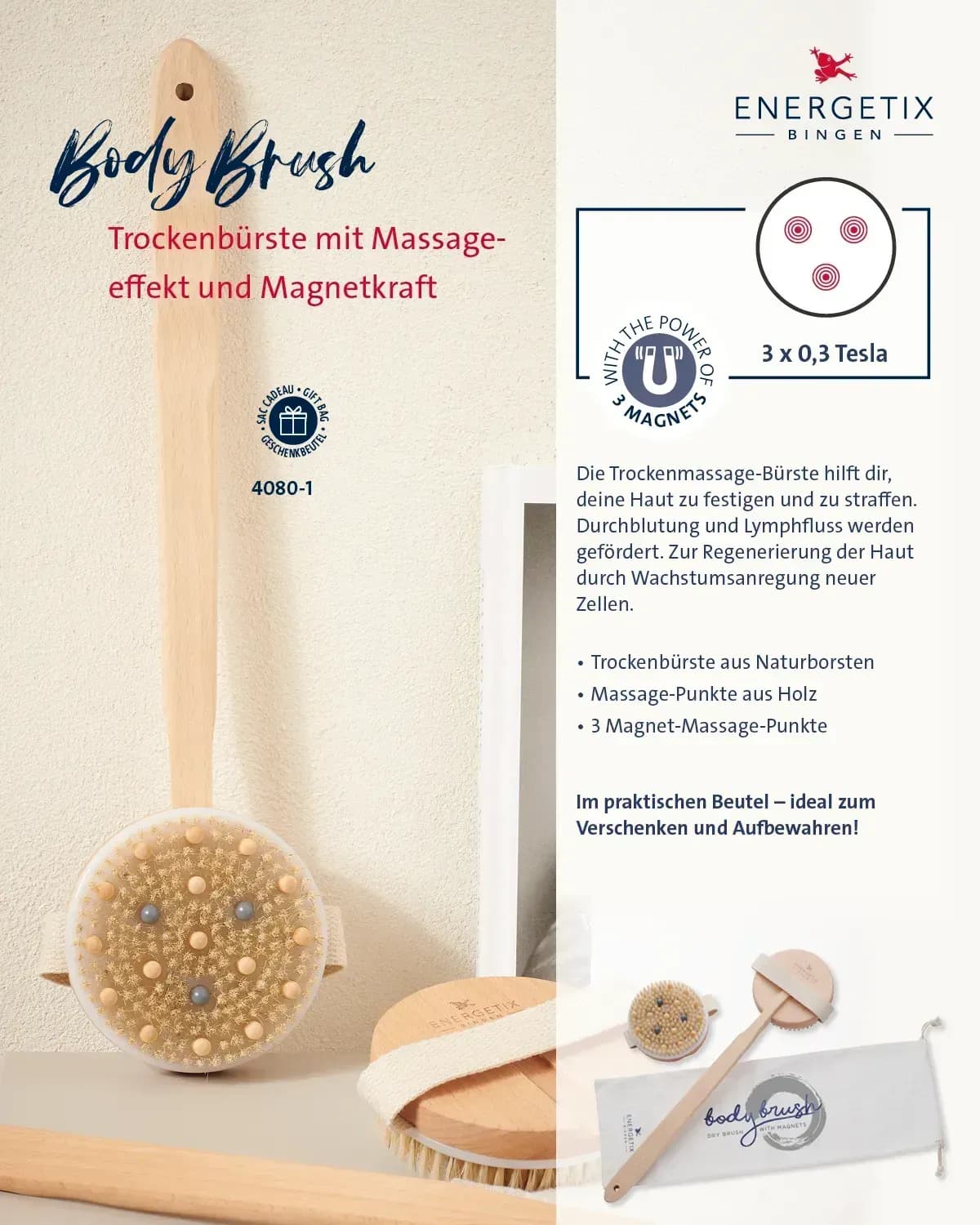 Trockenbürste aus Holz mit Naturborsten & abnehmbarem Griff